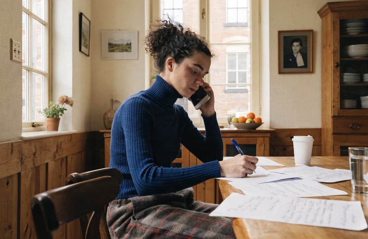 Worker taking notes during a phone call at a kitchen table