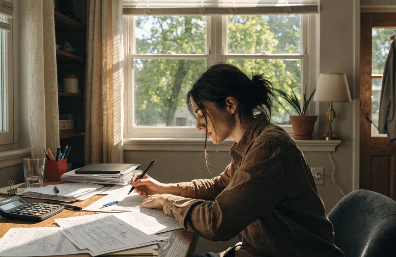 Person working through settlement paperwork with a calculator at a home desk