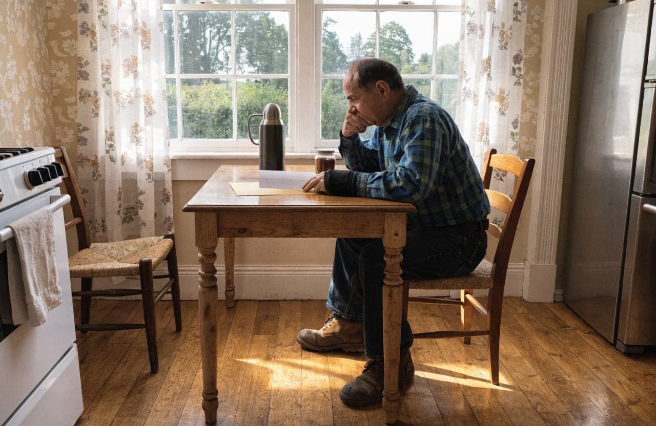 Worker reading a letter from an employer at a kitchen table