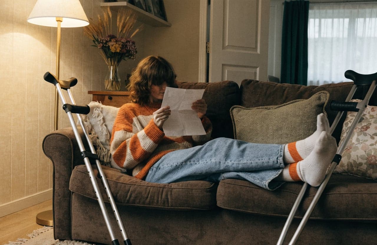 Person recovering at home with crutches nearby, reading a letter from work