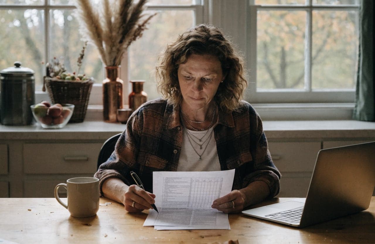 Woman at a kitchen table reading a printed fee agreement with a pen in hand, laptop beside her