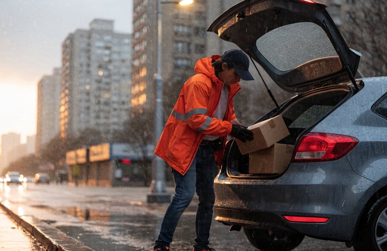Delivery driver unloading packages from a car trunk on a city street