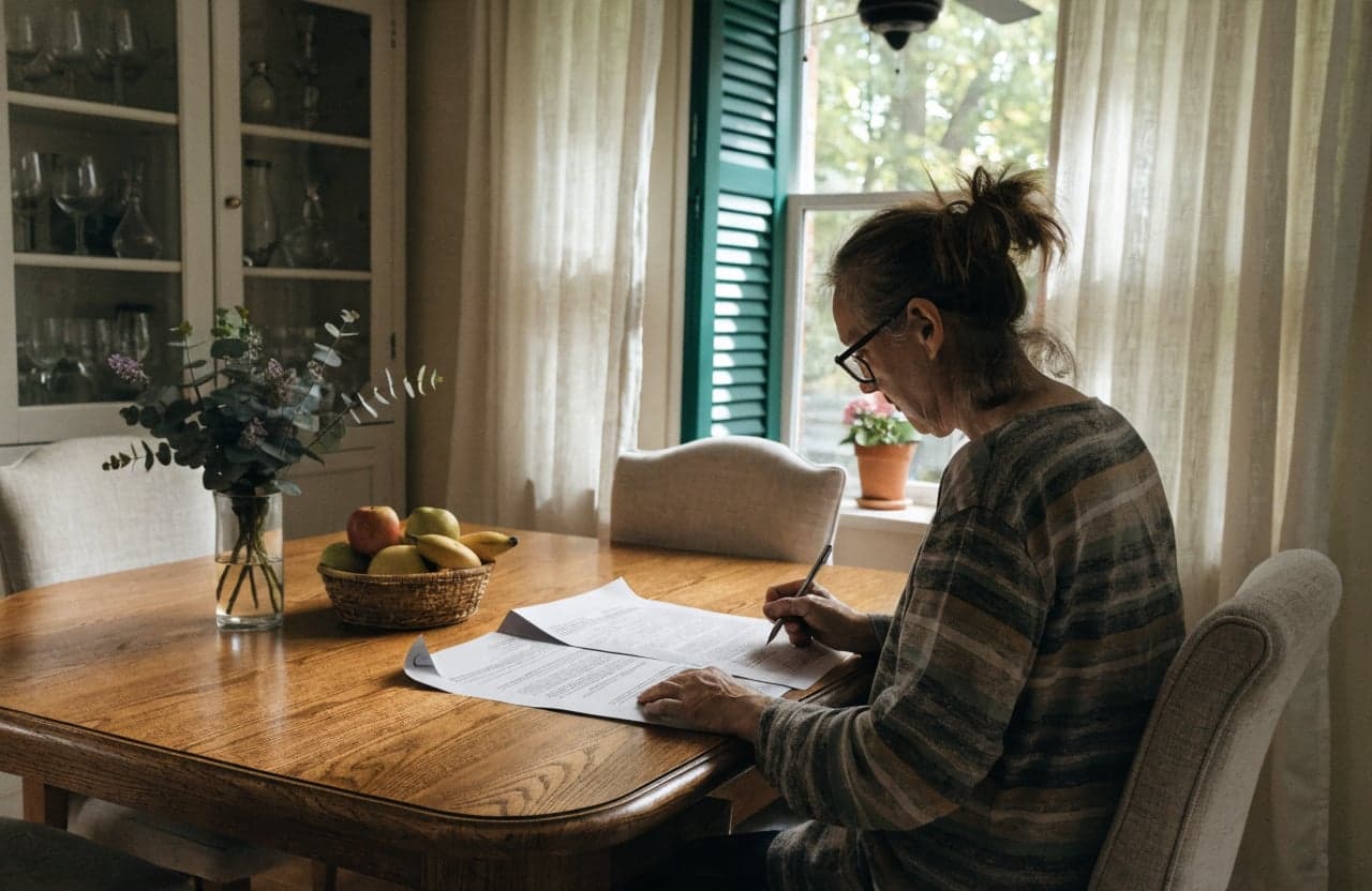 Worker reviewing an agreement page by page at a dining table
