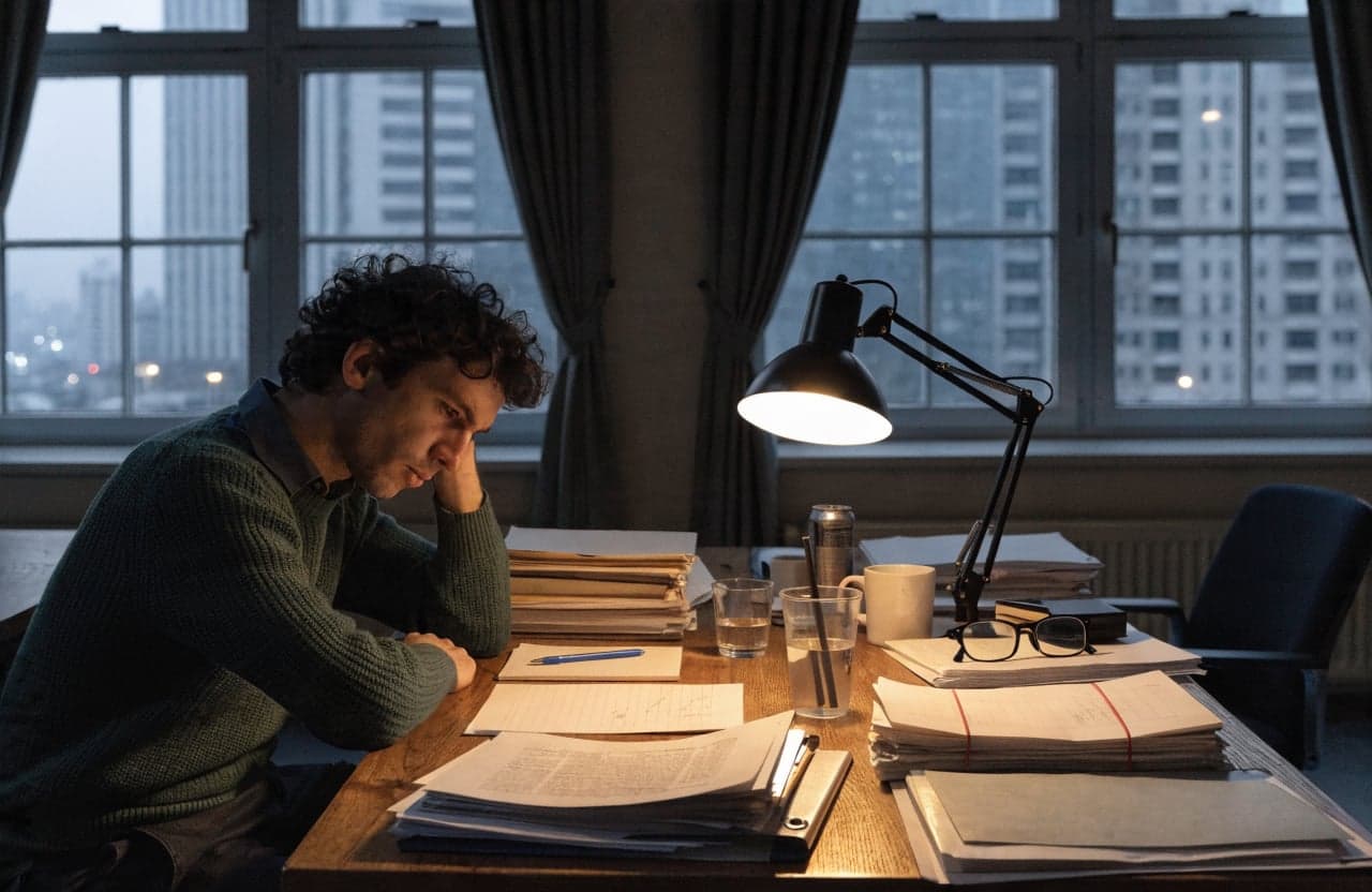 Employee reading through stacks of documents at a desk in the evening