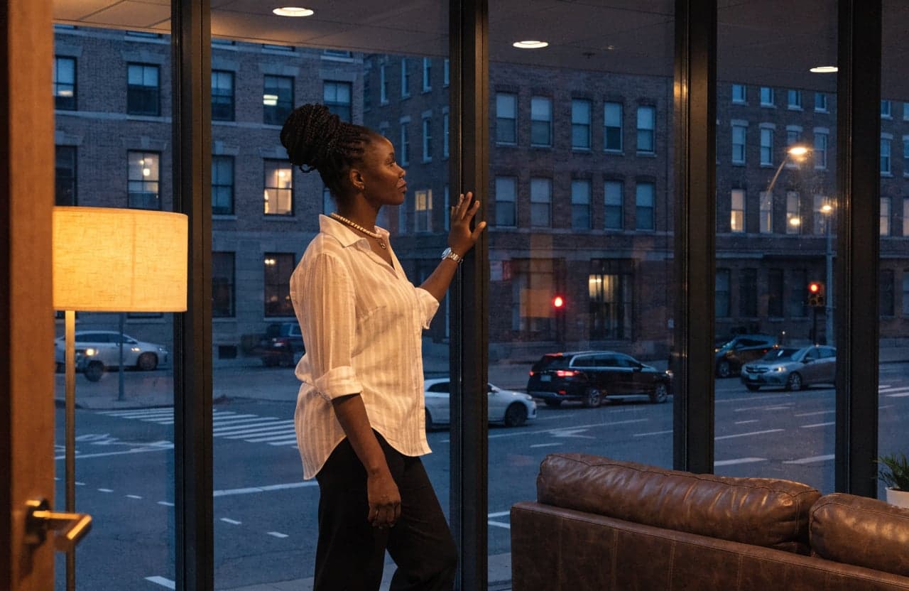 Employee standing at an office window at dusk
