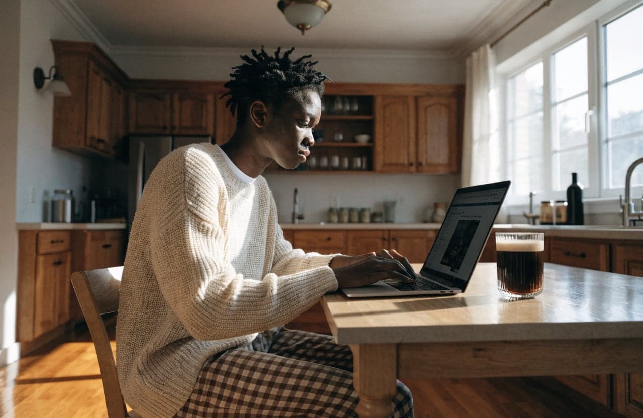 Person filling out an application on a laptop at a kitchen table