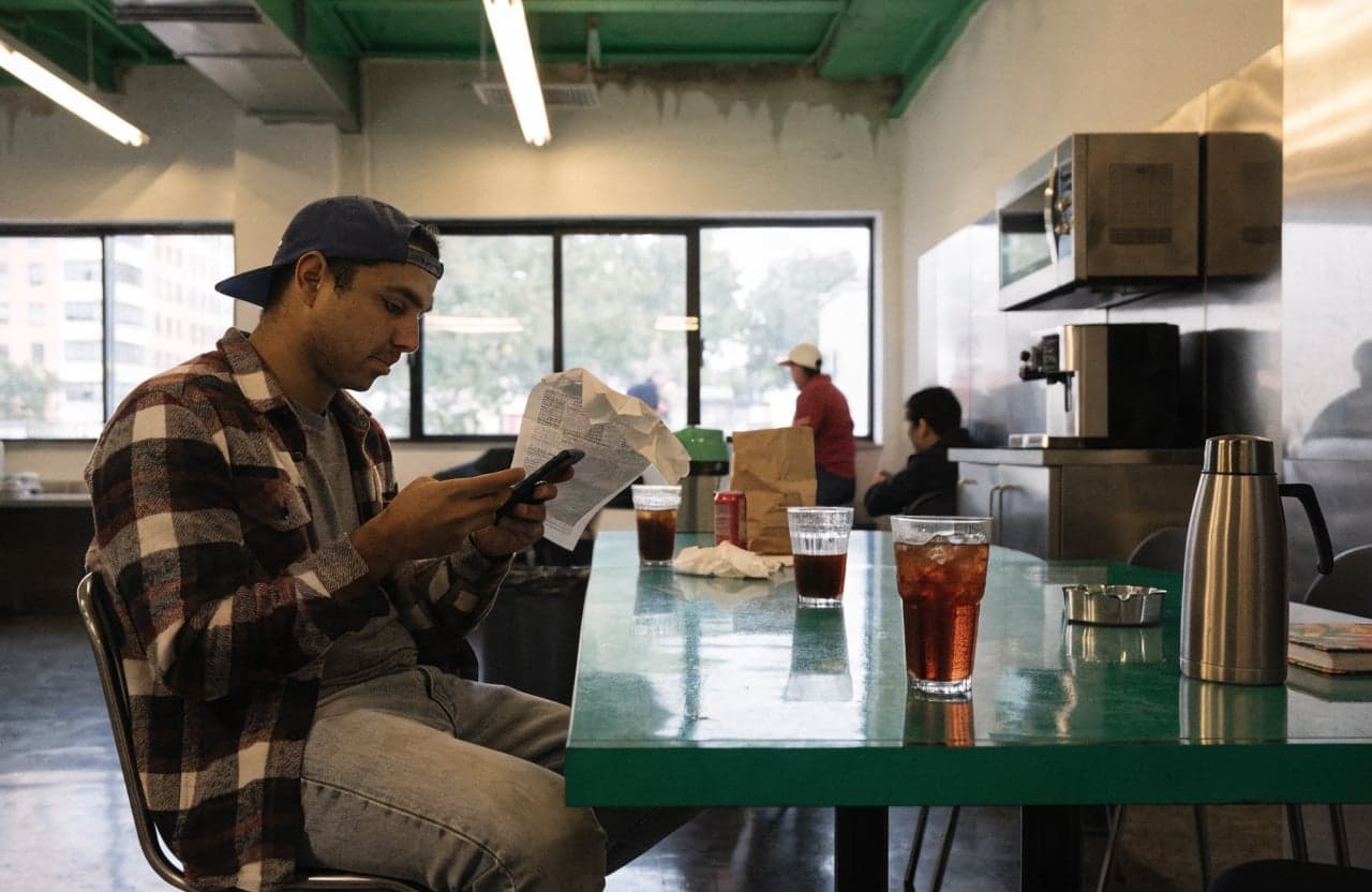 Worker in a break room checking a pay stub next to a phone