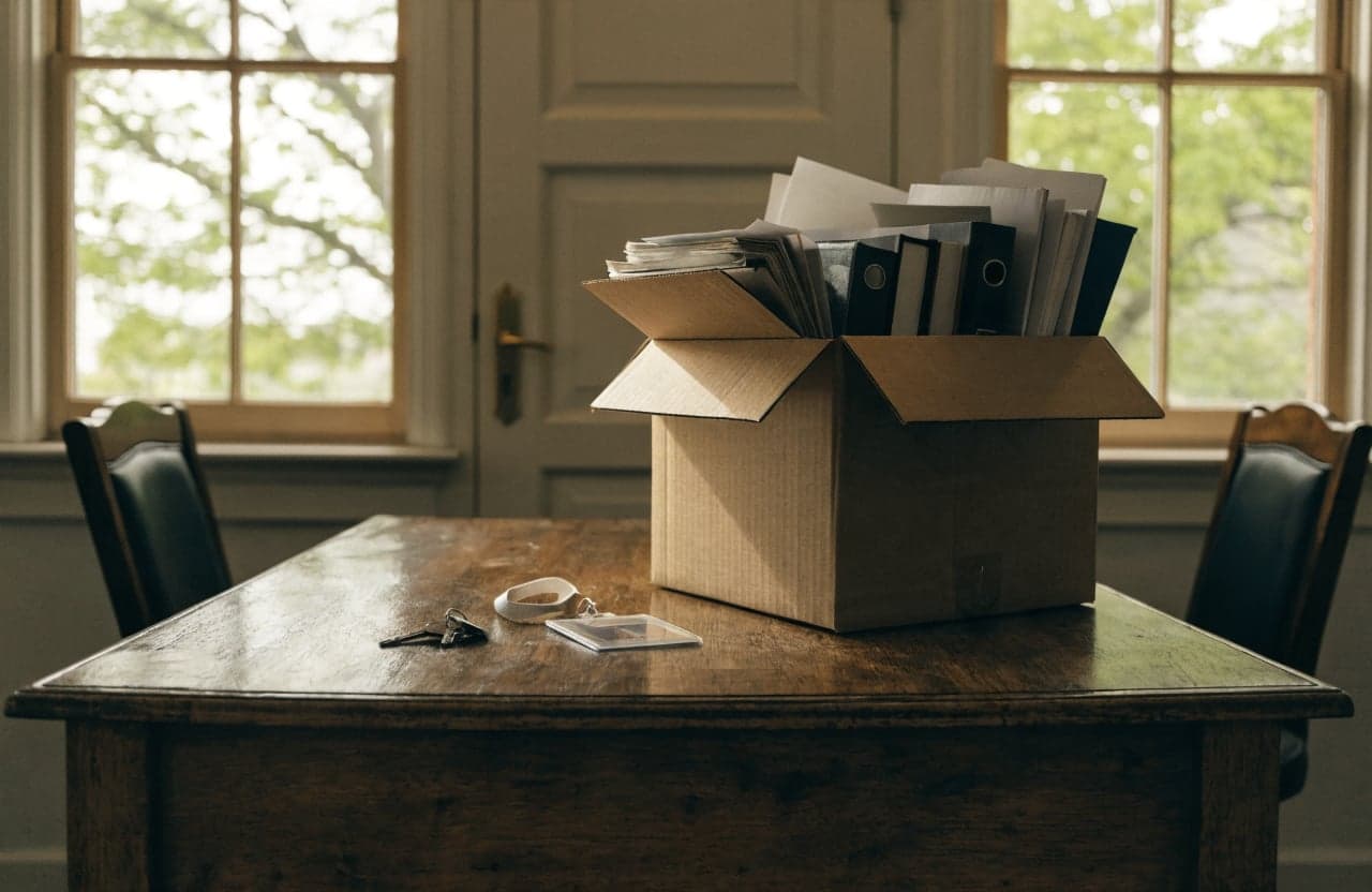 Packed box of belongings with an ID badge and keys left on an empty desk