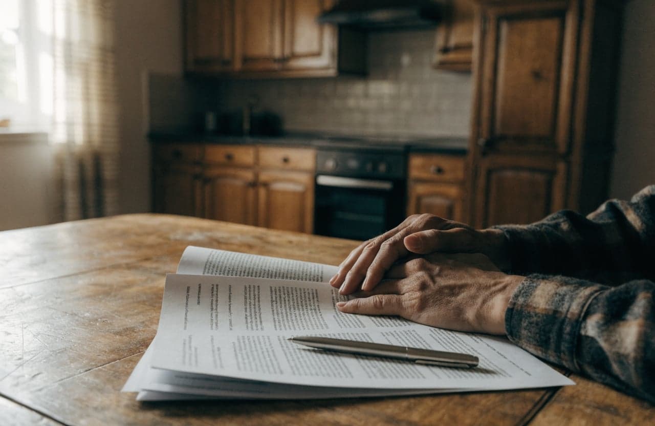 Hands resting on a multi-page employment contract with a pen
