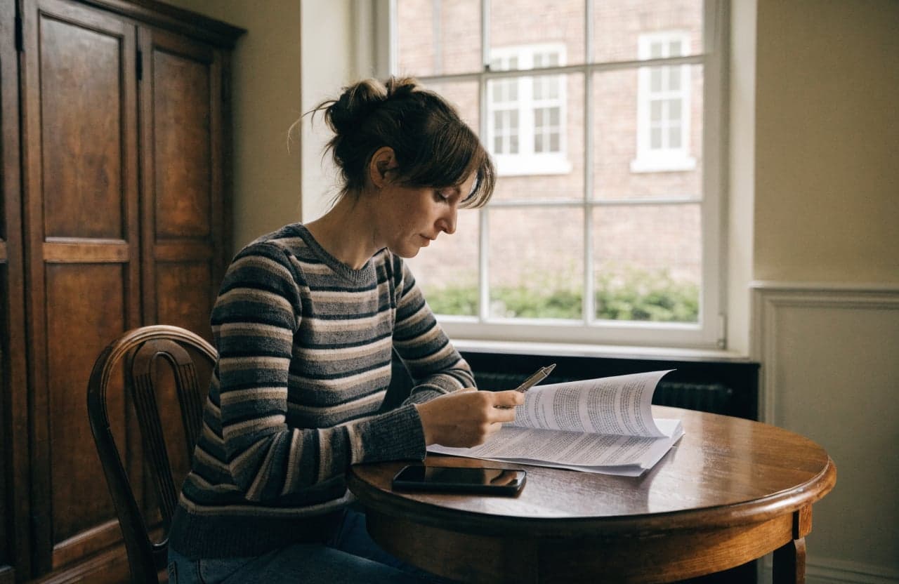 Worker reviewing an employment document at a table at home