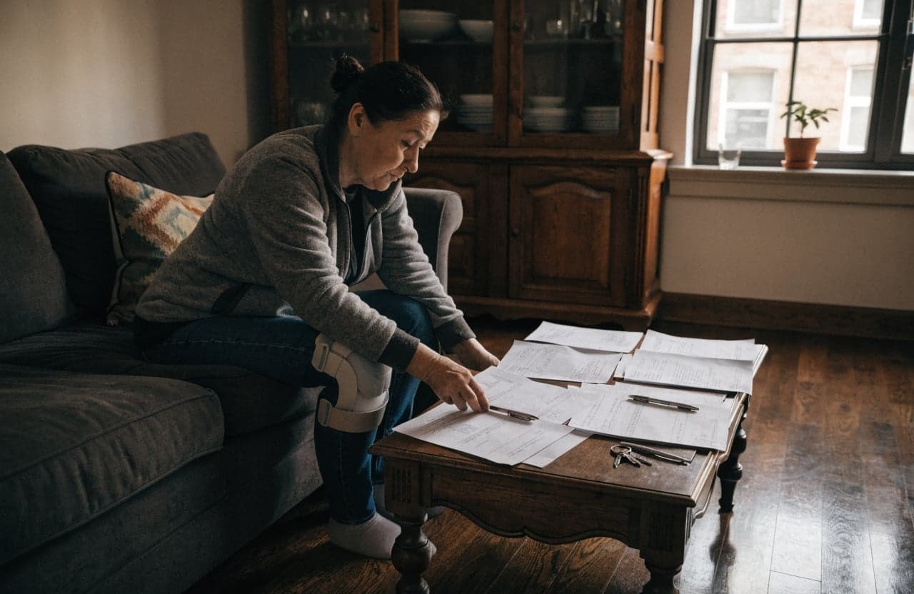 Injured person with a knee brace sorting medical bills at home