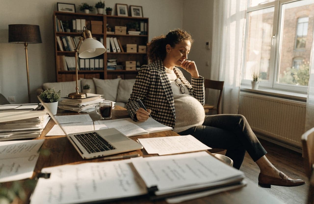 Pregnant worker reviewing paperwork at a desk