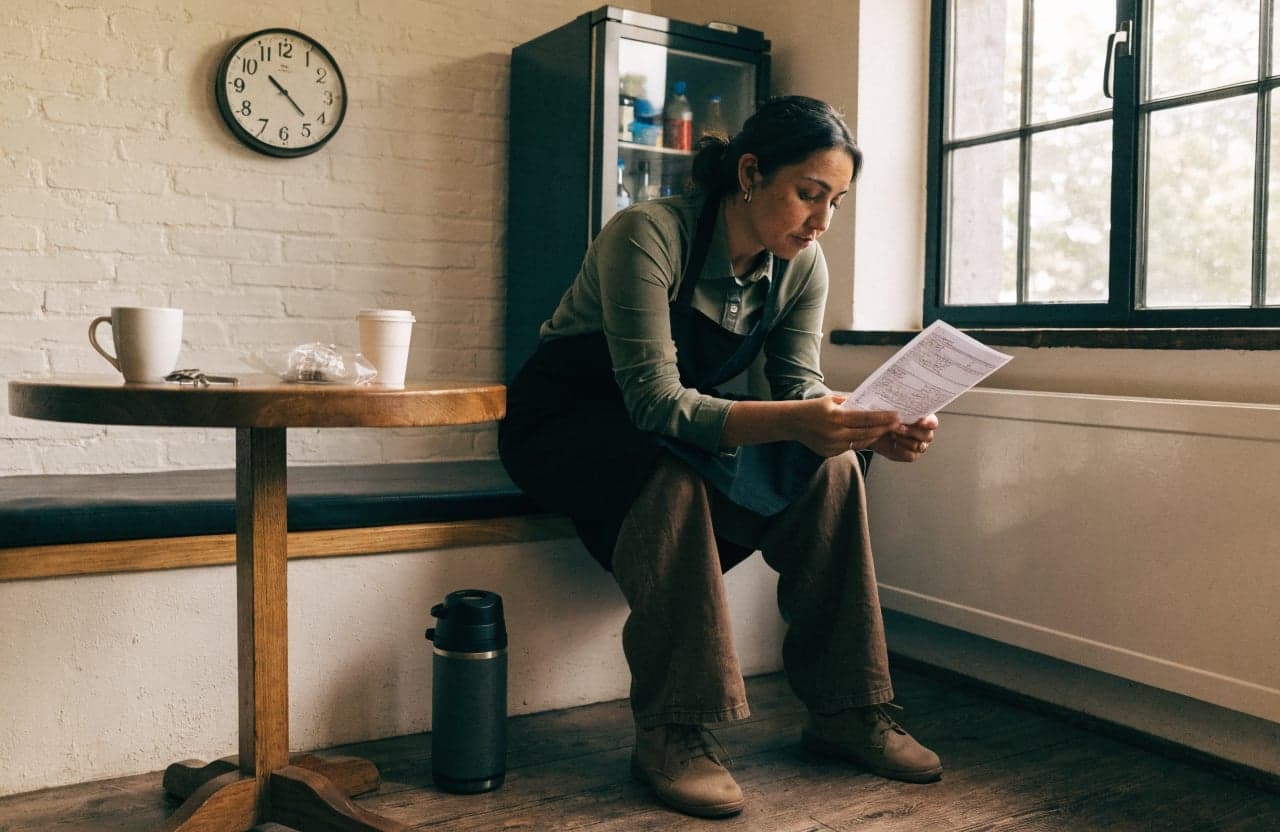 Worker on a break reviewing a pay stub