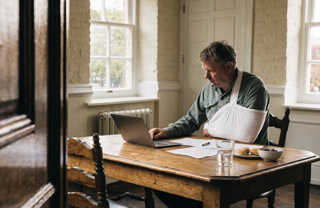 Worker with an arm in a sling reviewing paperwork at a kitchen table