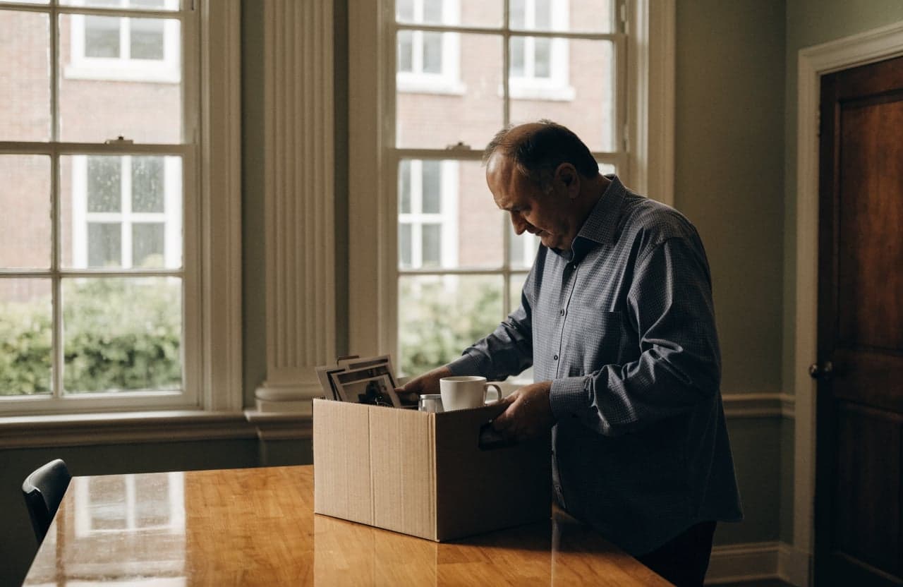 Employee packing personal items into a box after being let go